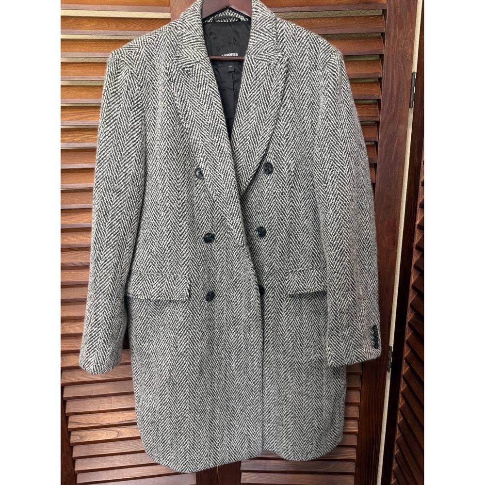 Express Mens Herringbone Wool Blend Double Breasted Topcoat Grey White Large